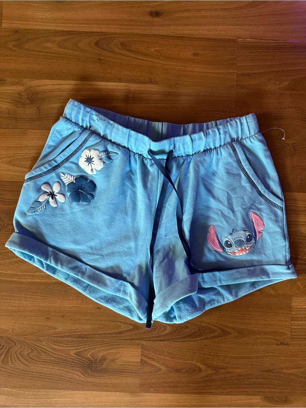 Hot Topic Light Blue Floral Stitch Embroidered Drawstring Athletic Lounge Shorts